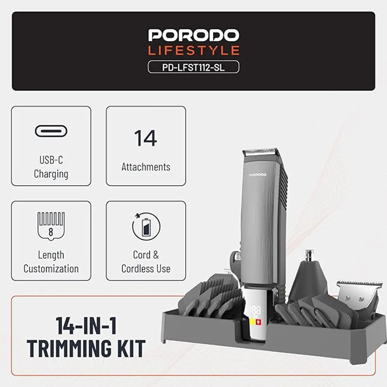 ست ماشین اصلاح چند کاره پرودو مدل PORODO PDLFST112SL 14 IN 1 GROOMING KIT