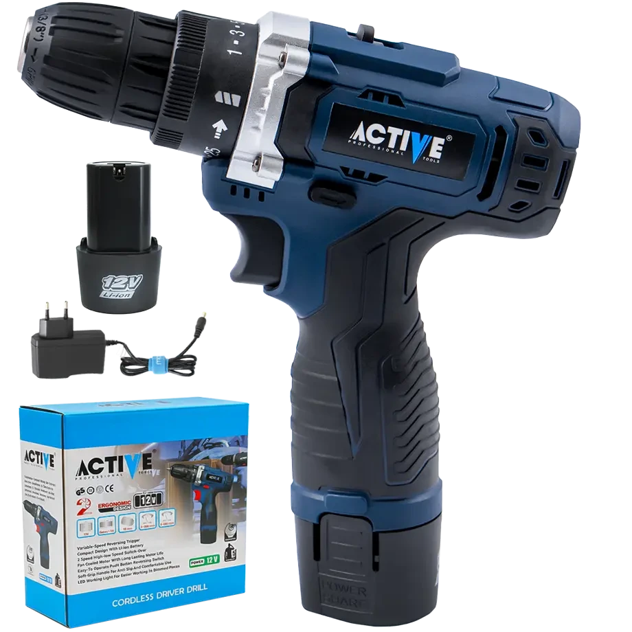 دریل پیچ‌گوشتی شارژی دو باطری ۱۲ ولت با لوازم اکتیو مدل AC-2812BM